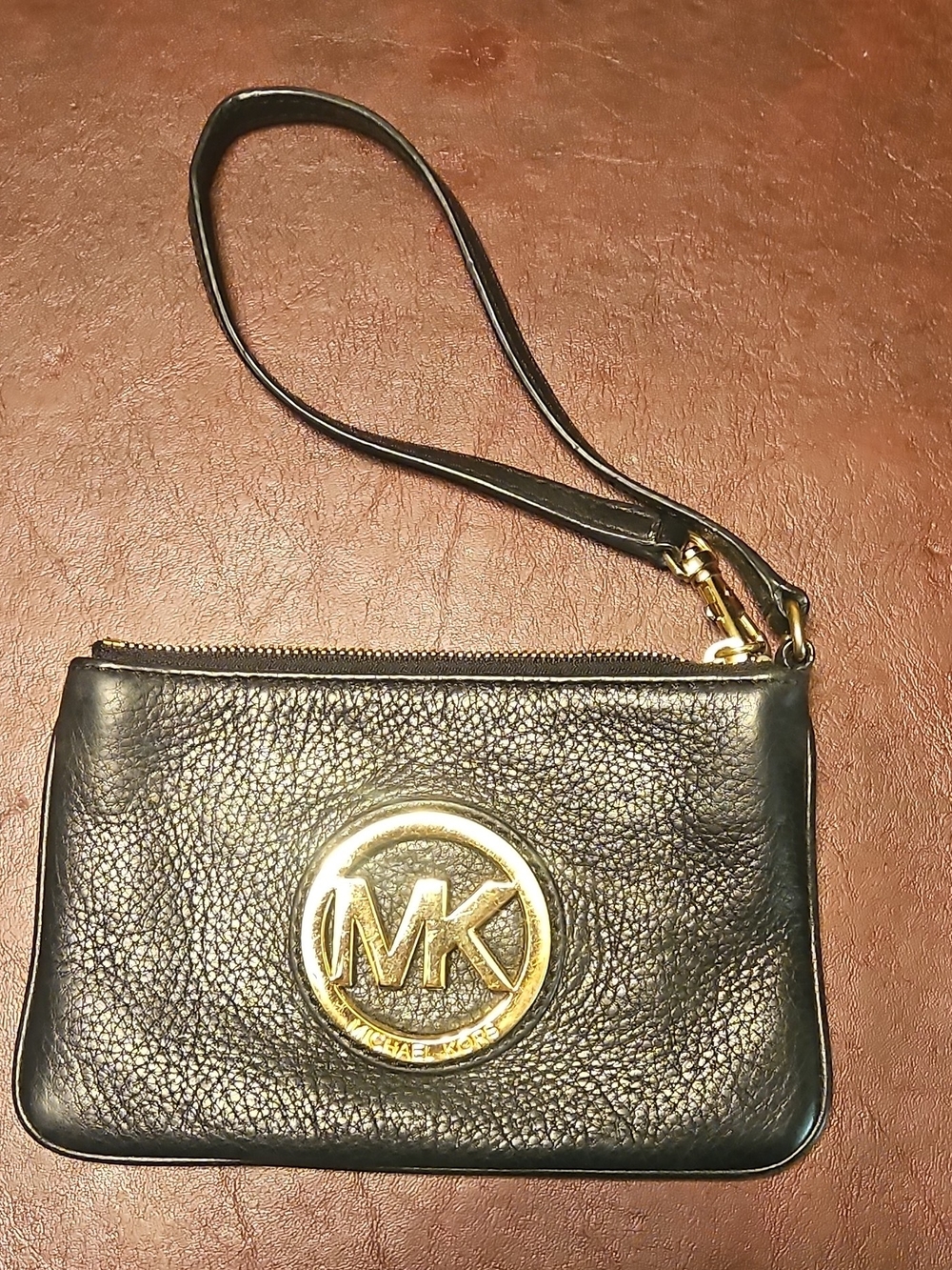Michael Kors Black Leather Wristlet with Gold MK Emblem